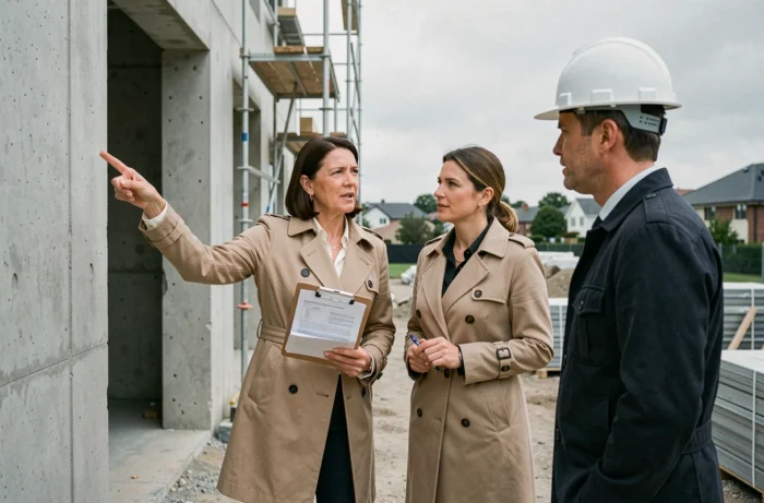 Conseillère immobilière supervisant un chantier de construction résidentielle avec un responsable de travaux