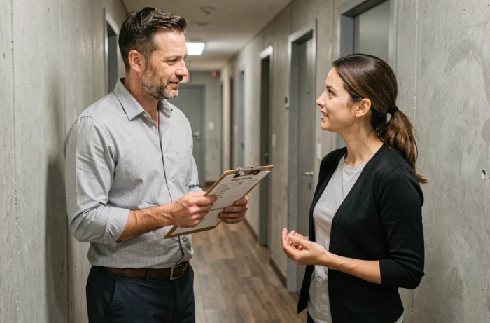 Agent immobilier certifié loi Alur réalisant une visite d'appartement avec un locataire potentiel