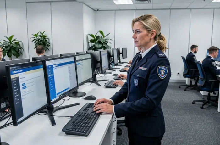 Femme agent de police utilisant la plateforme e-campus dans une salle de formation pour préparer son évolution de carrière