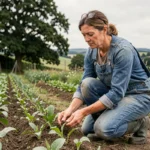 Agricultrice examinant la qualité du sol dans un champ de cultures biologiques bordé de haies naturelles, illustrant l'harmonie entre agriculture durable et préservation des paysages ruraux