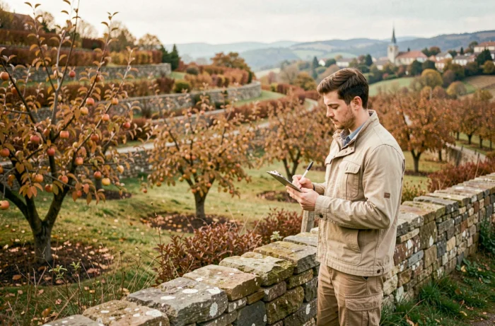 Jeune agronome étudiant un verger en agroforesterie sur des terrasses en pierre sèche avec vue sur un village de campagne, illustrant la conciliation entre pratiques agricoles durables et préservation du patrimoine paysager
