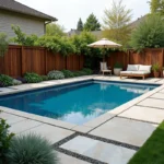 Vue d'ensemble d'une piscine hors sol élégamment aménagée avec bardage bois, plage en dalles, jardinières et coin lounge dans un jardin résidentiel soigné