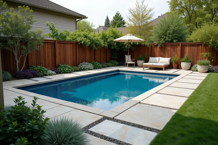 Vue d'ensemble d'une piscine hors sol élégamment aménagée avec bardage bois, plage en dalles, jardinières et coin lounge dans un jardin résidentiel soigné