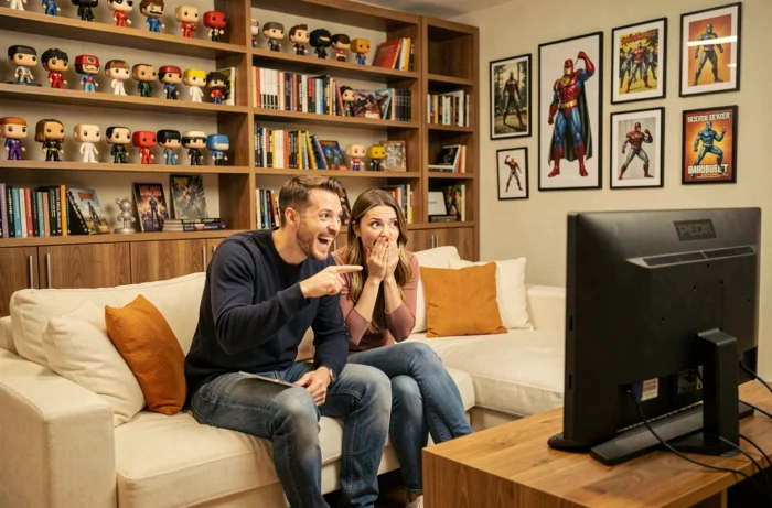 Gruppo di amici che reagiscono con entusiasmo davanti alla televisione in un salotto decorato con figurine e riferimenti alla pop culture