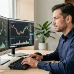 Homme analysant des graphiques de cryptomonnaies sur deux écrans dans un bureau moderne et épuré