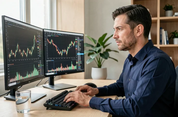 Homme analysant des graphiques de cryptomonnaies sur deux écrans dans un bureau moderne et épuré