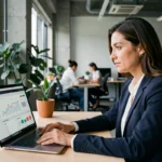 Femme professionnelle analysant des données de visibilité en ligne sur un ordinateur portable dans un bureau moderne