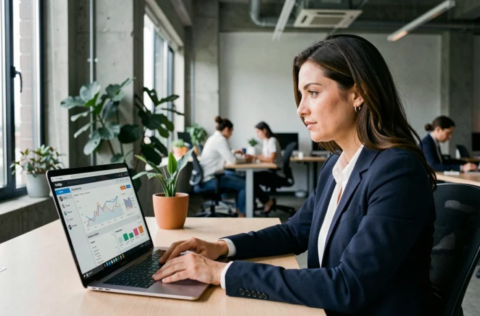 Femme professionnelle analysant des données de visibilité en ligne sur un ordinateur portable dans un bureau moderne