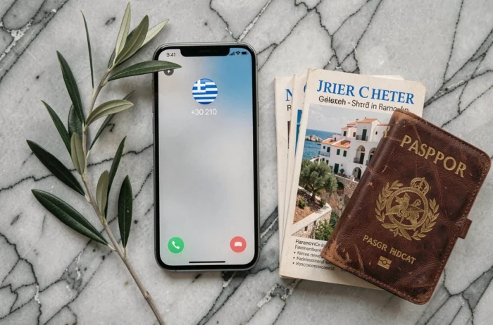 Smartphone affichant un appel entrant avec l'indicatif +30 de la Grèce posé sur du marbre avec un guide de voyage et un passeport