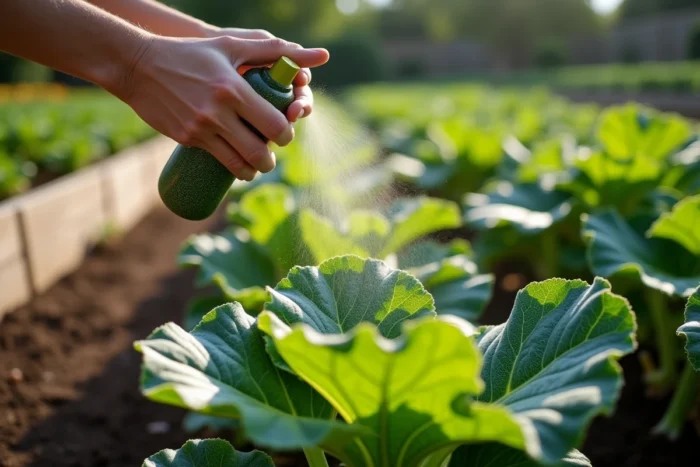 Application de purin d'ail en spray sur des feuilles de courgette pour protéger le potager des insectes nuisibles