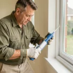 Artisan appliquant du silicone sur le joint d'une fenêtre PVC avec un pistolet à calfeutrer dans un intérieur domestique