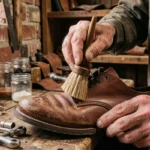Artisan appliquant du fiel de bœuf sur une botte en cuir brun avec une brosse naturelle dans un atelier de maroquinerie traditionnel