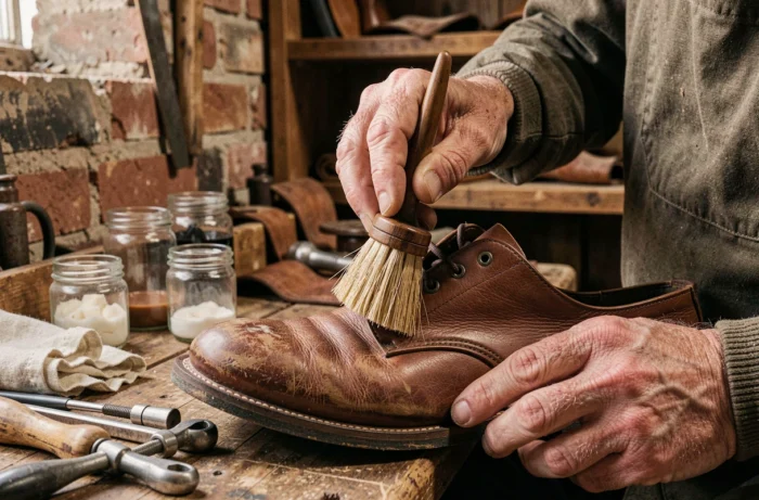 Artisan appliquant du fiel de bœuf sur une botte en cuir brun avec une brosse naturelle dans un atelier de maroquinerie traditionnel