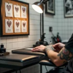 Atelier de tatouage avec des références de designs de cœurs et prénoms épinglées au mur et un bras tatoué en premier plan