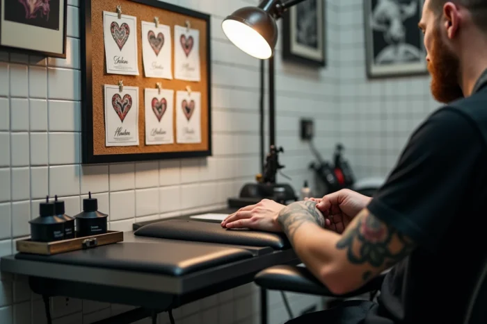 Atelier de tatouage avec des références de designs de cœurs et prénoms épinglées au mur et un bras tatoué en premier plan