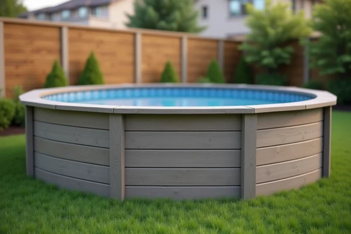 Bardage en lames de bois composite installé autour d'une piscine hors sol ronde dans un jardin résidentiel