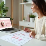Blogueuse beauté analysant un sitemap imprimé devant son ordinateur portable dans un bureau minimaliste
