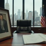 Bureau vide sur un plateau de tournage évoquant un hommage discret dans la série Billions saison 4