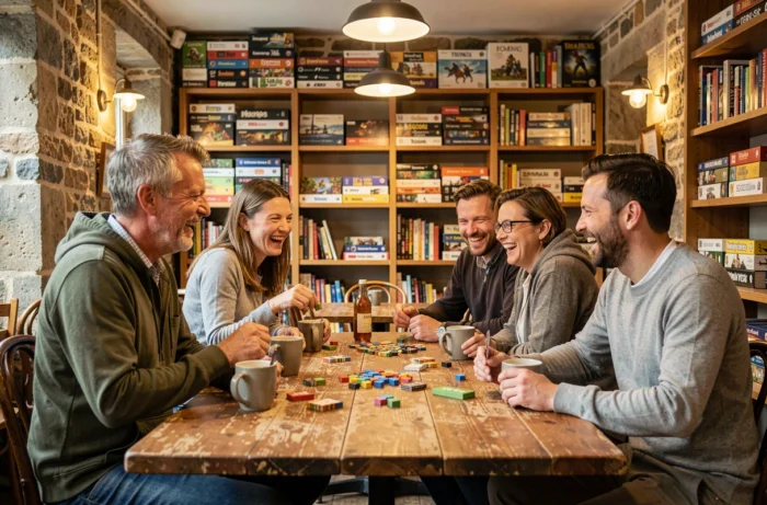 Gruppo di amici che gioca a giochi da tavolo in un caffè ludico accogliente del centro città di Rennes