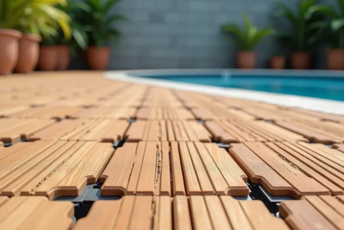 Caillebotis amovibles en composite posés autour d'une piscine hors sol montrant le motif modulaire et la texture bois