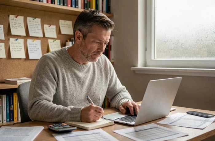 Personne calculant les mensualités d'un crédit immobilier à son bureau à domicile
