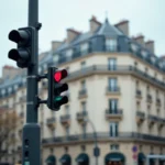 Caméra de surveillance installée au-dessus d'un feu rouge dans une rue française
