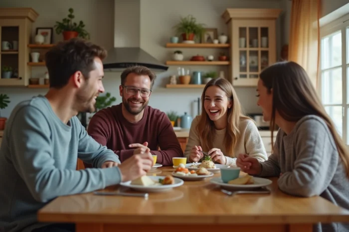 Portrait de famille chaleureuse réunie autour d'une table, évoquant la vie familiale et les proches d'une célébrité comme Cameron Boyce
