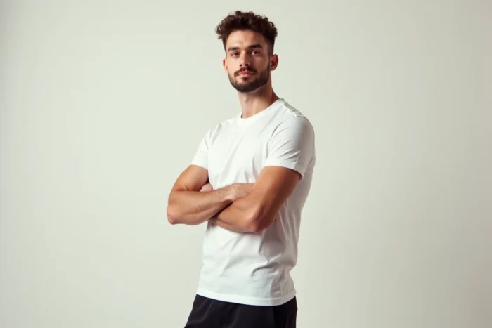 Portrait studio d'un jeune homme athlétique en t-shirt blanc, mettant en valeur la morphologie et la stature rappelant celle de l'acteur Cameron Boyce