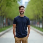Jeune homme athlétique debout dans un parc urbain, illustrant la silhouette et la stature d'un acteur américain célèbre comme Cameron Boyce
