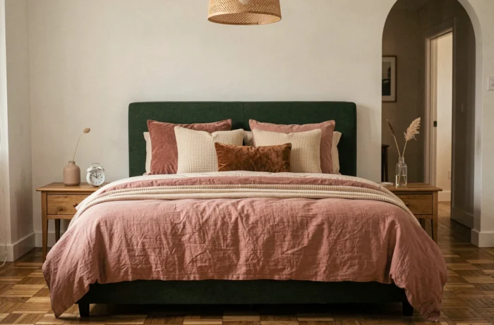 Chambre cosy tendance avec literie en lin rose et tête de lit velours vert forêt dans un appartement moderne