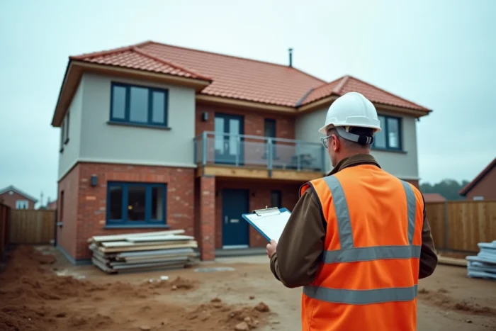 Responsable de chantier inspectant une maison clé en main en fin de construction