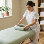 Masseuse professionnelle réglant l'appui-tête d'une table de massage rembourrée dans un cabinet de bien-être lumineux
