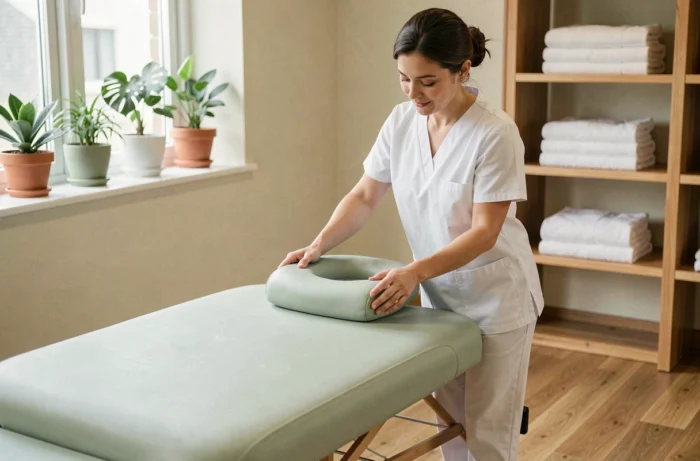 Masseuse professionnelle réglant l'appui-tête d'une table de massage rembourrée dans un cabinet de bien-être lumineux