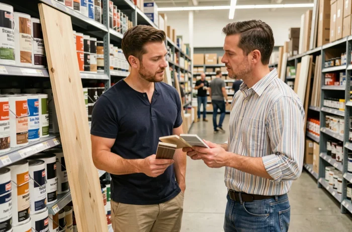 Couple choisissant une teinte de lasure pour bois dans un magasin de bricolage