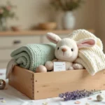 Coffret cadeau de baptême avec couverture tricotée, hochet argenté personnalisé et lapin en peluche sur nappe en lin blanc