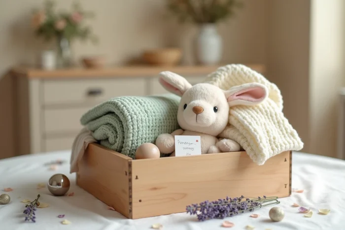 Coffret cadeau de baptême avec couverture tricotée, hochet argenté personnalisé et lapin en peluche sur nappe en lin blanc