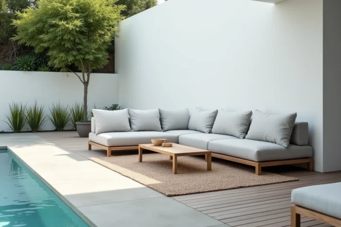 Coin lounge minimaliste avec mobilier bas et coussins gris clair installé au bord d'une piscine hors sol sur terrasse composite