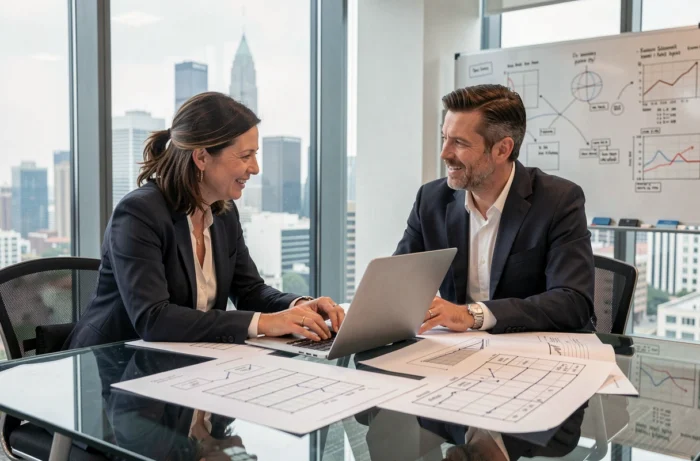Deux professionnels collaborant sur la stratégie de création et gestion d'un site web en salle de réunion