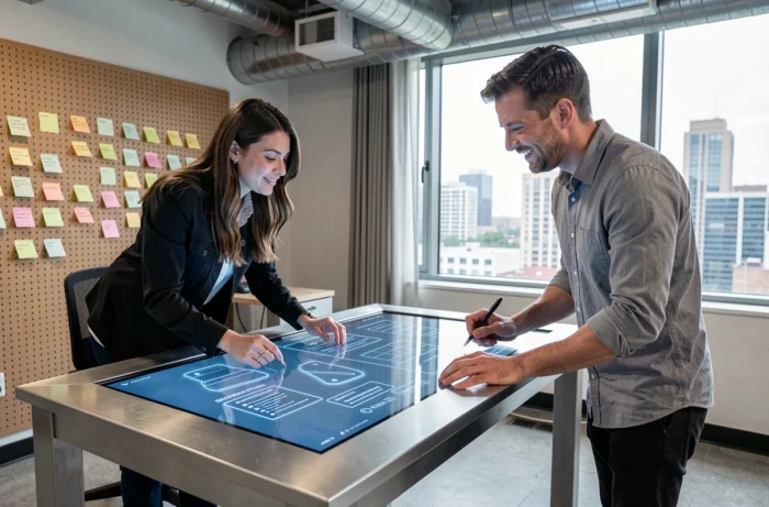 Two professionals collaborating on an interactive touchscreen table in an urban technology innovation lab