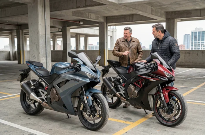 Deux motards comparant des alternatives à la Yamaha R1 dans un parking urbain
