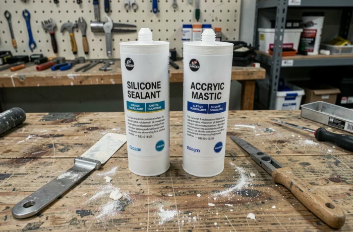 Comparaison côte à côte d'une cartouche de silicone et d'une cartouche de mastic acrylique sur un établi de menuisier