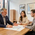 Expert immobilier local conseillant un couple sur un projet d'achat immobilier dans une agence moderne