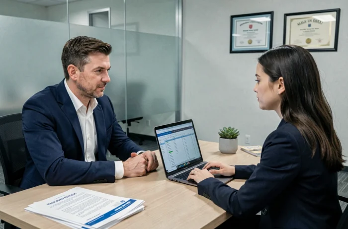 Conseiller bancaire présentant une simulation de prêt immobilier à une cliente
