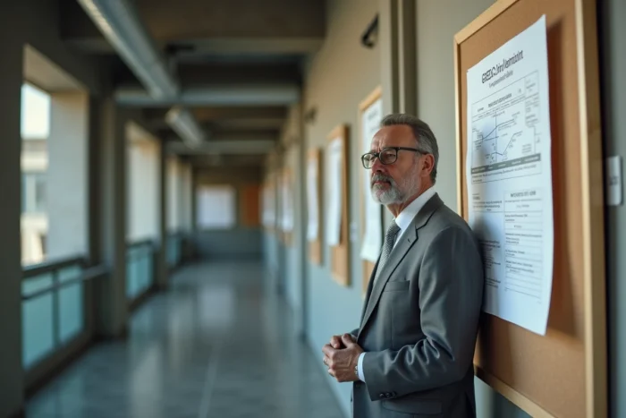Consultant RH analysant un planning de mise en oeuvre GPEC affiché dans un couloir d'entreprise