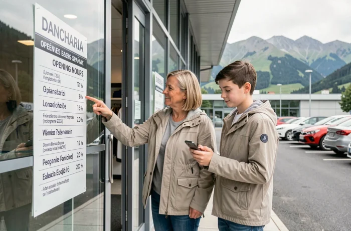 Femme et son fils consultant les horaires d'ouverture affichés à l'entrée d'un magasin de Dancharia le dimanche