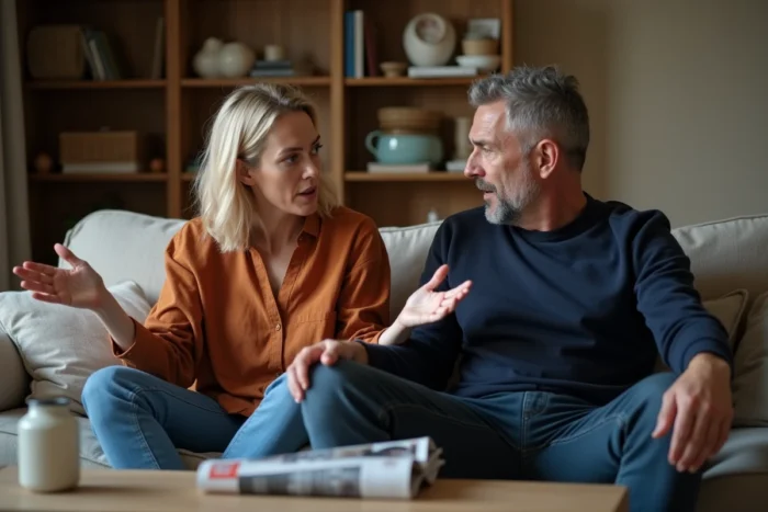 Couple en conflit dans un salon illustrant les répercussions d'un caractère soupe au lait sur les relations