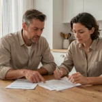 Couple examinant des documents de crédit immobilier à leur table de cuisine