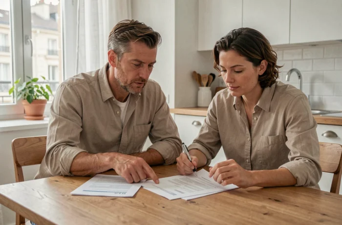 Couple examinant des documents de crédit immobilier à leur table de cuisine
