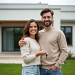 Couple devant leur maison clé en main neuve tenant les clés avec le sourire