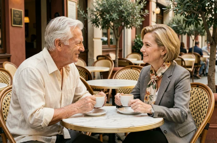 Homme aux cheveux argentés et femme élégante partageant un café en terrasse dans une brasserie française, couple complice dans la soixante-dizième année